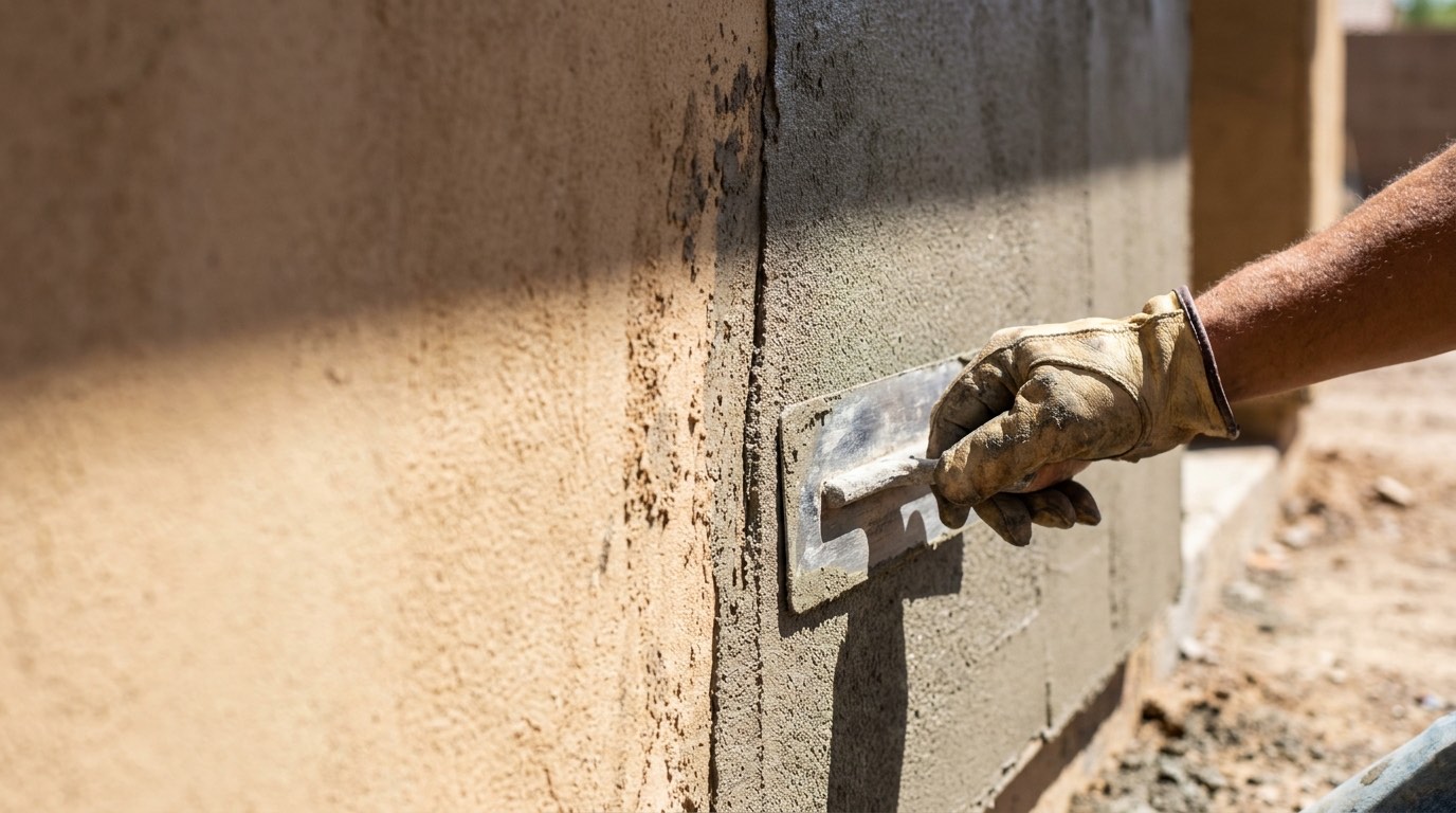 Mano con guante pasando una llana de acero sobre estuco gris fresco en una pared exterior, la capa nueva encontrándose con el acabado viejo desgastado